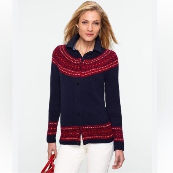 Talbots Sweaters - NWOT Talbots Fair Isle Cardigan in Red and Navy Blue